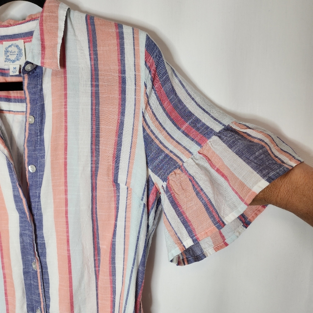 Blue Rain Francesca Striped Collar Ruffle Sleeve Button Up Tie Waist Sz Medium